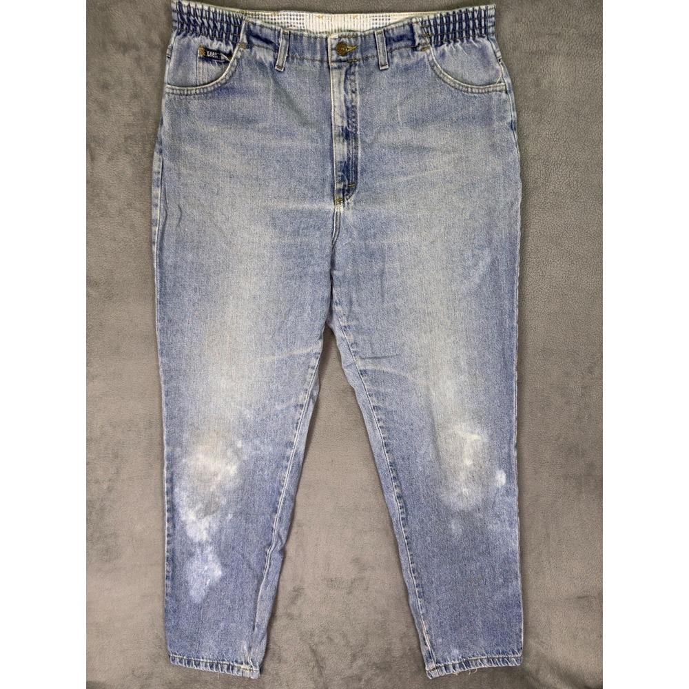 Vintage Lee Mom Jeans Womens 18 Long Blue Tapered High Rise USA Elastic Waist